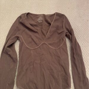 Free People Brown Long Sleeve Ribbed Bodysujt